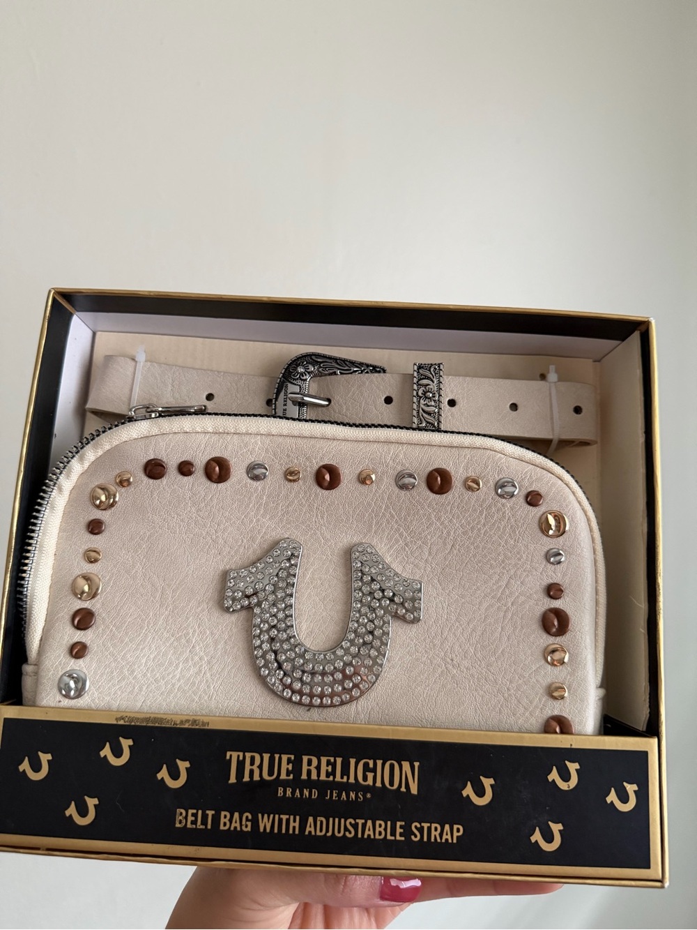 True Religion Cream Rhinestone Studded Belt Bag with Matching Strap